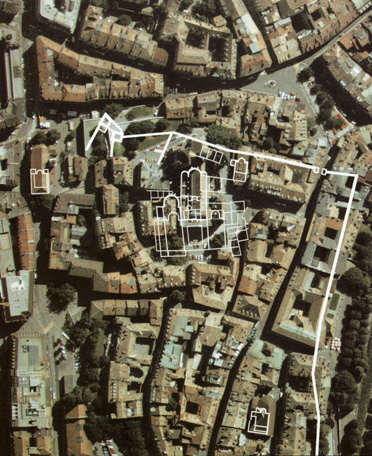 Situation du groupe épiscopal sur une photographie aérienne de la vieille ville de Genève